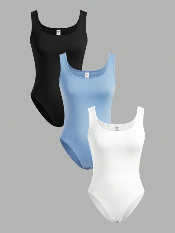 SHEIN Girlism Set de 3 piezas de body de punto de unicolor con cuello de pico para niñas adolescentes