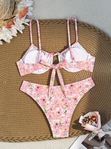 SHEIN Swim Women's Floral Print Front Tie Sexy Bikini Set For Vacation (Random Print), Underwire Design, Not Push Up Summer - Multicolor - View 8