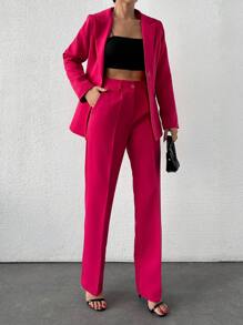 EURMUSE 單寧領單釦西裝外套和直筒西裝褲套裝 - 藕粉色 - 查看 3
