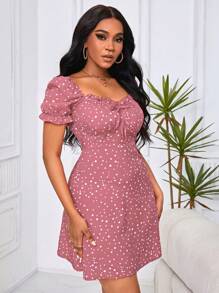 SHEIN VCAY Vestido rojo con estampado de lunares, mangas abullonadas, nudo delantero y busto fruncido - Rosa - Ver 3