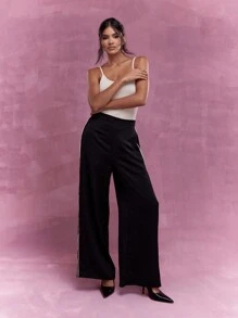 MISSGUIDED Contrast Side Stripe Pull-On Wide Leg Pants - Black - View 3