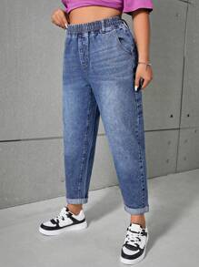 SHEIN ICON High Waist Plus Size Elastic Waistband Cropped Skinny Jeans, Blue