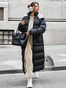 EURMUSE Long Puffer Coat With Two Big Pocket And Hoodie