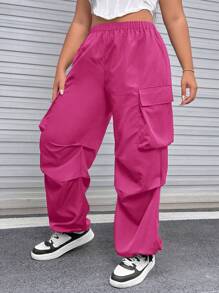 SHEIN EZwear Plus Size Nữ Màu Trơn Đơn Giản Hàng Ngày Quần, Quần Dù - Màu Hồng Tươi - Xem 1