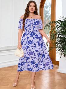 SHEIN Privé Plus Size Elegant Off-Shoulder Short Sleeve Midi/Long Dress With Random Print - Multicolor - View 5