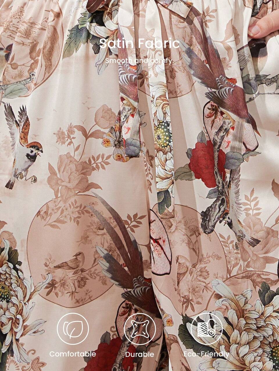 Damen Größere Größen Satinhose für Loungewear mit chinesischem Tuschemalerei Blume Muster, Pyjama Hose