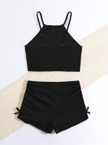 Bộ bikini xù lông màu trơn dành cho cô gái tuổi teen dành cho kỳ nghỉ ở bãi biển mùa hè - màu đen - Xem 2