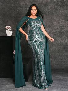 seomiscky Plus Size Sequined Puff Sleeve V-Neck Bodycon Women's Formal Evening Party Dress - Dark Green - View 5