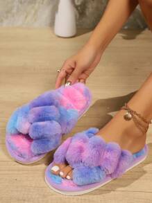 秋冬女士毛绒交叉露趾拖鞋，防滑室内家居拖鞋，时尚精致，万圣节主题 - 彩色 - 查看 3