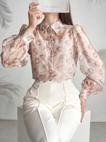 Modelyn Women's Elegant Floral Print Long Sleeve Shirt With Turn-Down Collar - Multicolor - View 3