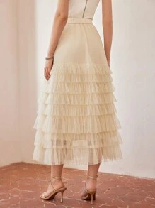 MOTF PREMIUM Saia de malha com bainha em camadas e babados - Damasco - Visão 7