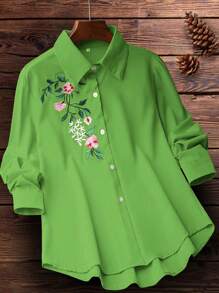 女士度假风优雅花卉刺绣休闲衬衫 - 綠色 - 查看 4
