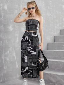 SHEIN Teen Girls Black & White Graffiti Newspaper English Print Strapless Tight Dress And Skirt Casual Streetwear Two-Piece Set