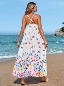SHEIN VCAY Summer Women's Printed Spaghetti Strap Backless Long A-Line Pleated Vacation Floral Dress - Multicolor - View 2