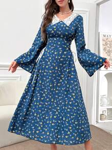 Modelyn Ladies' Elegant Ditsy Floral Contrast Lace-Up Waist Long Flare Sleeve Modest Dress, Spring/Summer - Blue - View 6