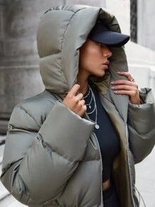 EURMUSE Flap Pocket Drawstring Waist Hooded Puffer - Khaki - View 7