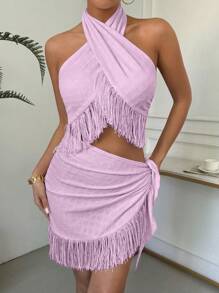 Chiquease 女士純色簡約日常流蘇裝2件套 - 粉色 - 查看 6