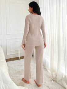 EURMUSE Frauen Buchstaben Muster Homewear Set - Khaki - Übersicht 2