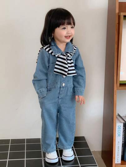 SHEIN Genkimix Kids 女婴两件套 时尚休闲牛仔连体裤配条纹披肩 春秋冬季时尚套装