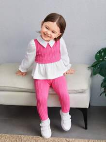 SHEIN Baby Girl Urocza dzianina 2 w 1 w kolorze ze szwem Wywijany kołnierzyk z długim rękawem Top i spodnie z elastyczną talią, na co dzień - Wyrazisty róż - Zobacz 6