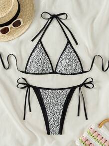 Swim SXY Women's Summer Beach Sparkly Patchwork Halterneck Bikini Set With Separate Bikini Set - Black and White - View 5
