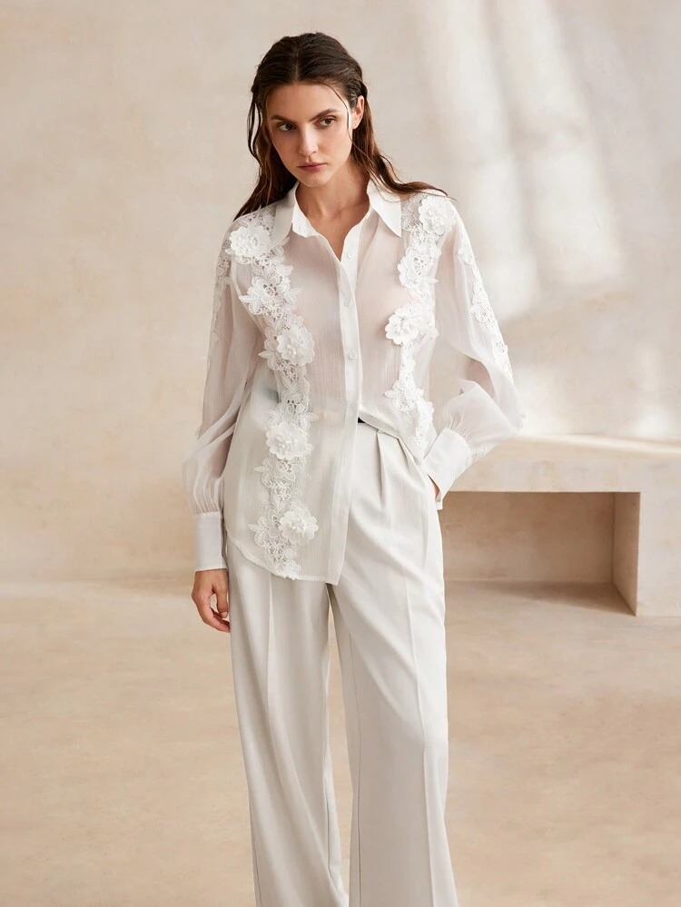 Women's Breathable Embroidered Shirt With 3D Floral Relief Design, Perfect For Spring And Summer