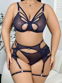 Plus Size Classic Sexy Lingerie Set With Underwire, 5 Pieces - Navy Blue - View 1