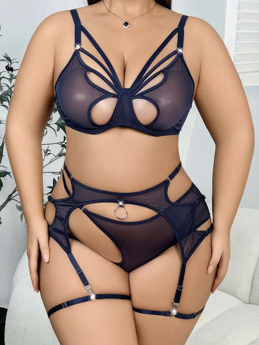 Plus Size Classic Sexy Lingerie Set With Underwire, 5 Pieces - Navy Blue - View 1