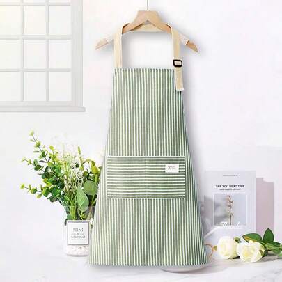 SHEIN 1pc Adjustable Colorful Striped Apron For Men And Women, Simple Style Cooking Apron With Pockets For Chef, Server, Kitchen Cooking Aprons,Bbq, Hair Stylist, Kitchen Tool, Machine Washable(Green Pinstripes) Christmas For Holiday Gift Giving