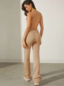 SHEIN Unity Bộ áo liền quần thể thao ôm sát lưng nữ, màu trơn - Màu Khaki - Xem 2