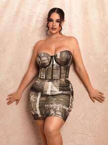 SHEIN BAE Plus Size Color-Block Street View Printed Mesh Corset Top And Ruched Street View Printed Mesh Spring Daily Outfits Skirt