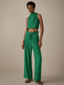 SHEIN Privé Clean-Colored Fashionable Sleeveless High Collar Top With Waist Belt And Wide Leg Pants Set, Mature Style - Dark Green - View 4