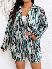 SHEIN Frenchy Set cămașă și pantaloni scurți cu mânecă lungă din țesătură texturată plisată de vacanță de mărimi Plus - Multicolor - Vizualizare 5