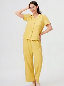 LUVLETTE Conjunto de pijama largo básico de mujer dama de honor de algodón suave y modal color amarillo jengibre. Juegos de salón para mujer con pantalones con bolsillos