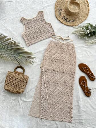 Soleia Conjunto de Top de Crochê Tricotado e Saia de Fenda para Mulheres da WYWH, Perfeito para Festivais de Música e Estilo Bohemian, Roupa de Crochê em Duas Peças