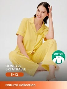 LUVLETTE Conjunto de pijama largo básico de mujer dama de honor de algodón suave y modal color amarillo jengibre. Juegos de salón para mujer con pantalones con bolsillos
