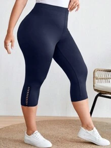 SHEIN LUNE Leggings décontractés écourtés pour femmes de grande taille, unicolores, bordure en dentelle et pieds à jointures - Bleu marine - Voir 2