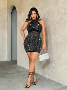 SHEIN BAE Vestito a tubino elegante per donne di taglia forte con tessuto trasparente nero in tulle e decorazioni in strass e paillette, collo alto e maniche lunghe. Perfetto per feste di laurea estive - nero - Visualizzare 7