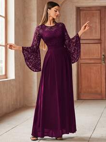 MIUSOL Floral Lace Flare Sleeve Round Neck Chiffon Evening Party Long Dress, Wedding Guest Dress, Formal Prom - Maroon - View 5