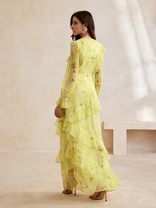 Anewsta Women's Summer Elegant Floral Print Flowy Dress With Ruffle Hem - Yellow - View 2