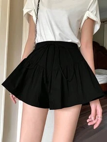 SHEIN Unity Váy chữ A cạp cao có viền diềm xếp nếp và ống rộng cho nữ, phong cách thường ngày mùa hè - màu đen - Xem 3