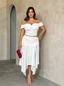 SHEIN BAE Women's Sweet And Romantic Knot Twist Peplum Hem Off-Shoulder Crop Top For Summer Date And Street - White - View 1