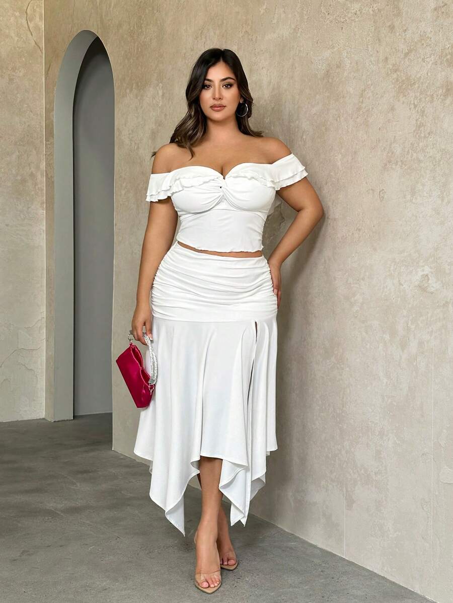 SHEIN BAE Women's Sweet And Romantic Knot Twist Peplum Hem Off-Shoulder Crop Top For Summer Date And Street - White - View 1