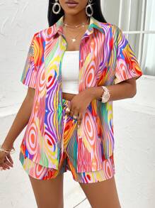 Zolique Women's Colorful Print Short Sleeve And Shorts 2pcs Set (Random Print) - Red - View 4