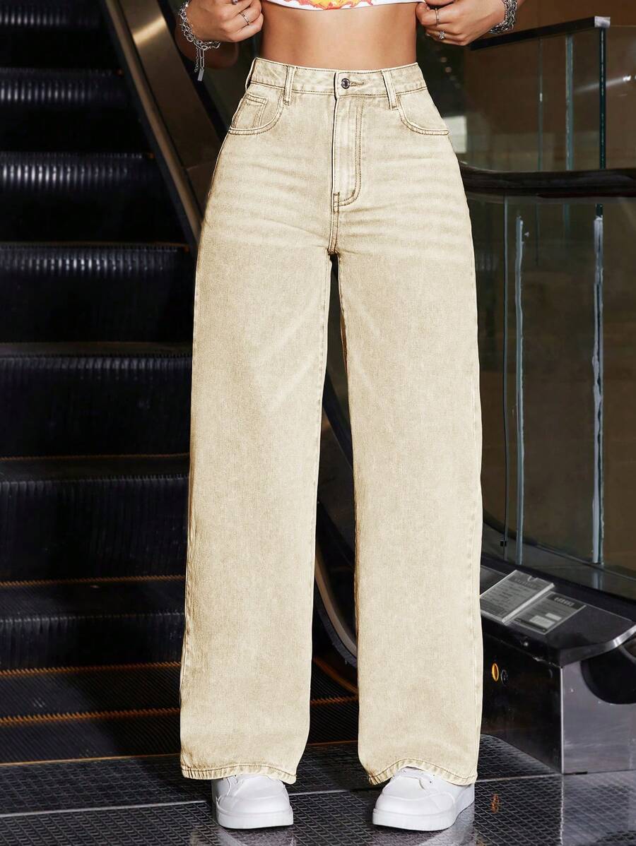 Quần denim ống rộng dáng rộng thông thường dành cho nữ có túi - Màu Khaki - Xem 1