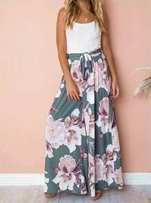 Women's Floral Print Cinched Waist Wide Leg Pants, Elastic Waist Casual Vacation Commute Elegant Fashion Trousers With Belt, Autumn