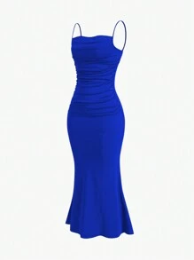 SHEIN Unity Solid Color Pleated Sleeveless Elegant Cami Dress, Summer Maxi Women Outfit - Mint Blue - View 3