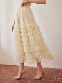 MOTF PREMIUM Saia de malha com bainha em camadas e babados - Damasco - Visão 8