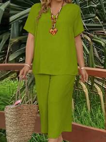 Top de manga corta y pantalones de pierna ancha de un solo color talla extra - Verde - Ver 4