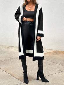 EURMUSE Women's Black And White Long Knitwear Cardigan - Black and White - View 6